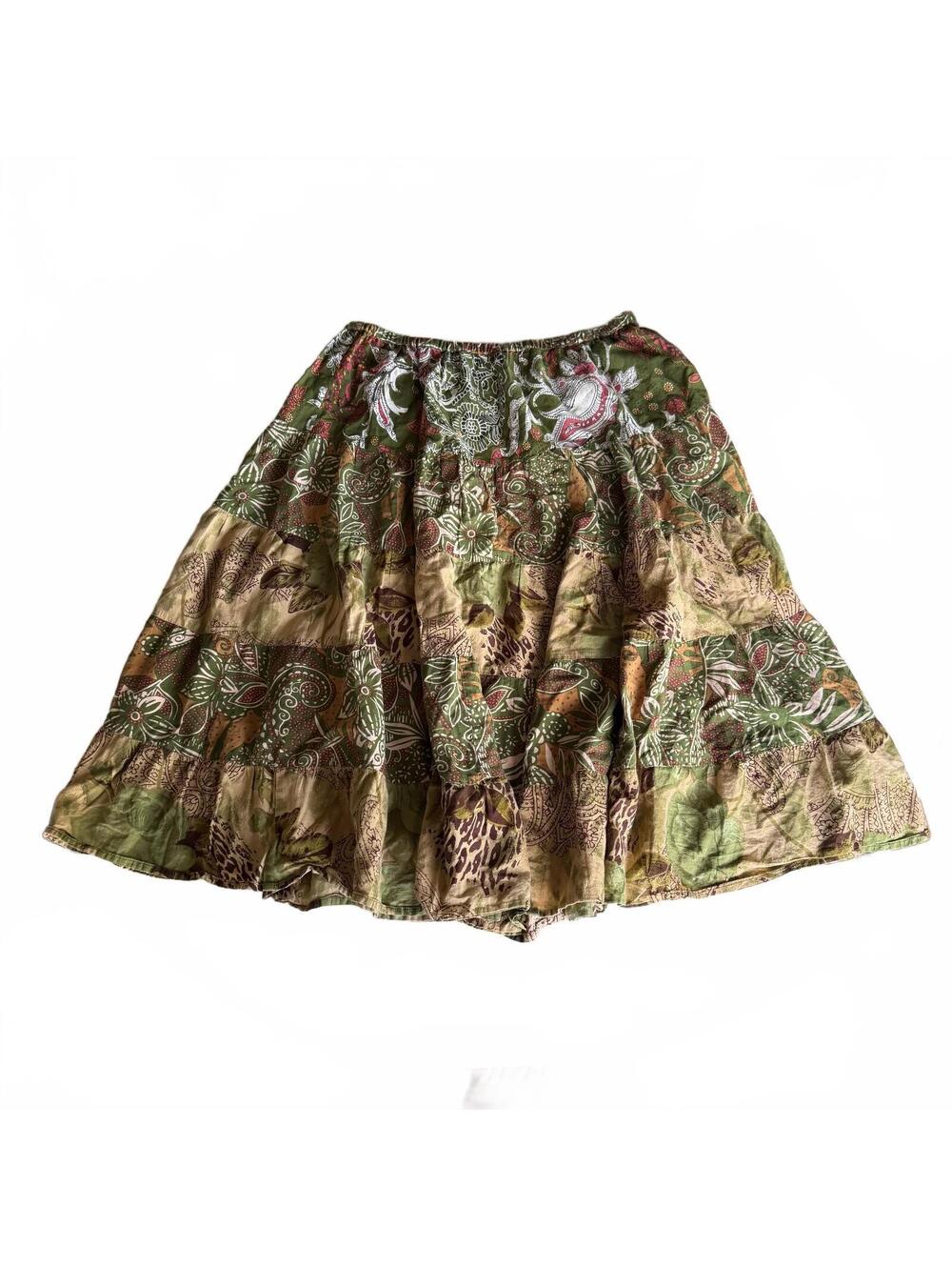 Vintage Notations Patchwork Tiered Cotton Boho Midi Skirt Green Paisley Medium
